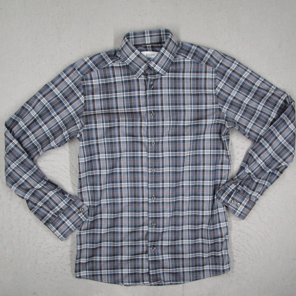 Eton Contemporary Fit Blue Grey Plaid Fine Twill Cotton Dress Shirt Mens 15.75 M